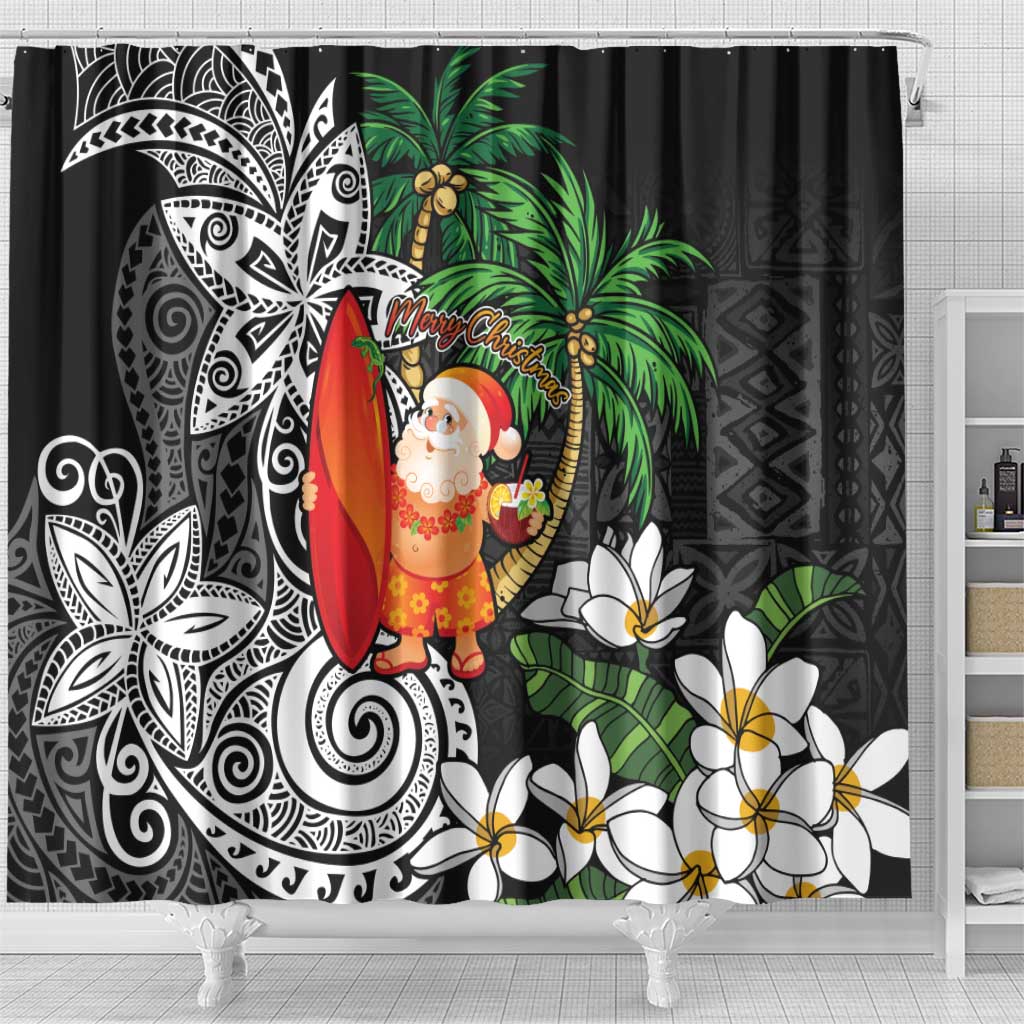Polynesian Shower Curtain Tropical Santa - Plumeria Black Vintage LT7 - Polynesian Pride