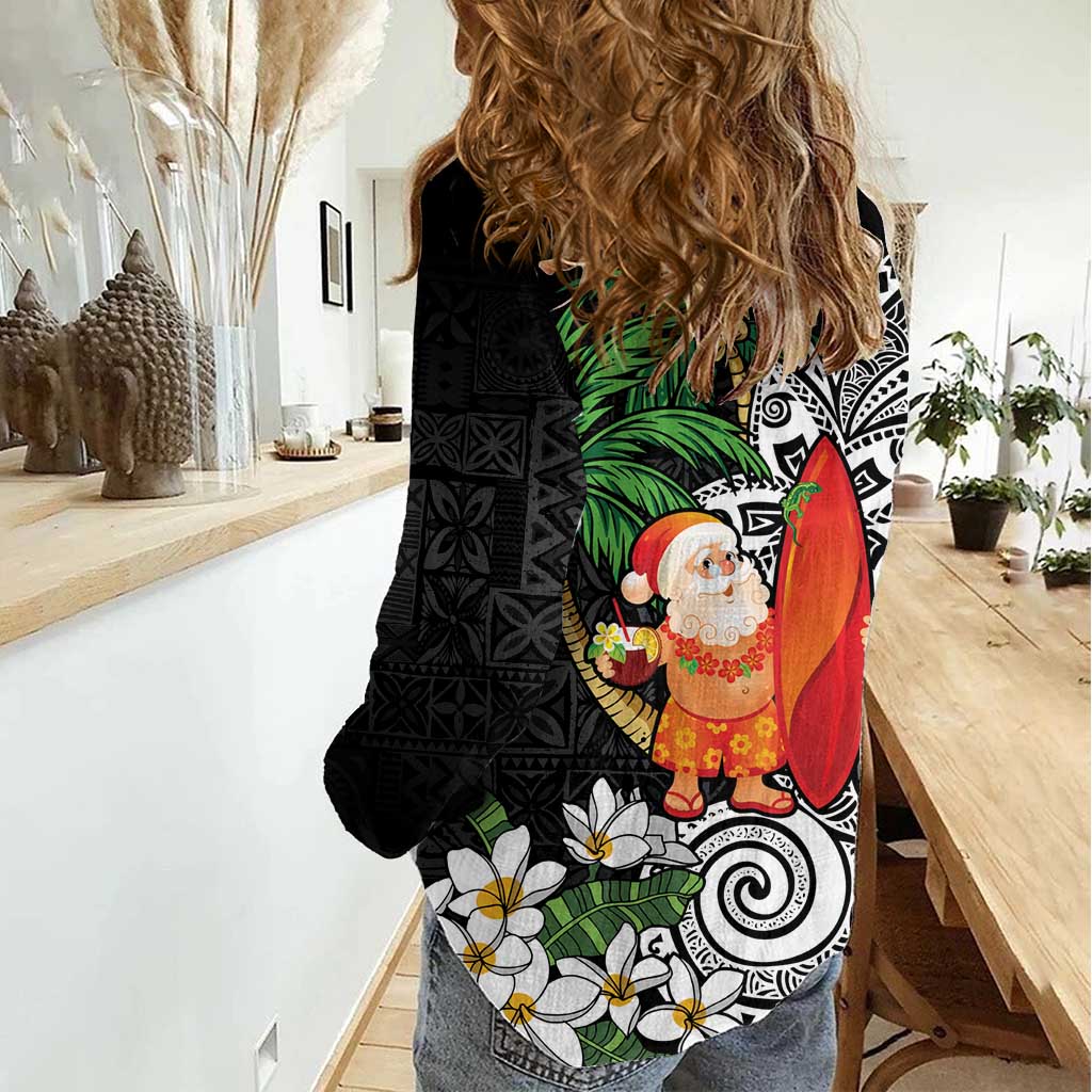 Polynesian Women Casual Shirt Tropical Santa - Plumeria Black Vintage LT7 - Polynesian Pride