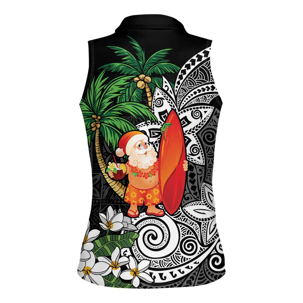 Polynesian Women Sleeveless Polo Shirt Tropical Santa - Plumeria Black Vintage LT7 - Polynesian Pride