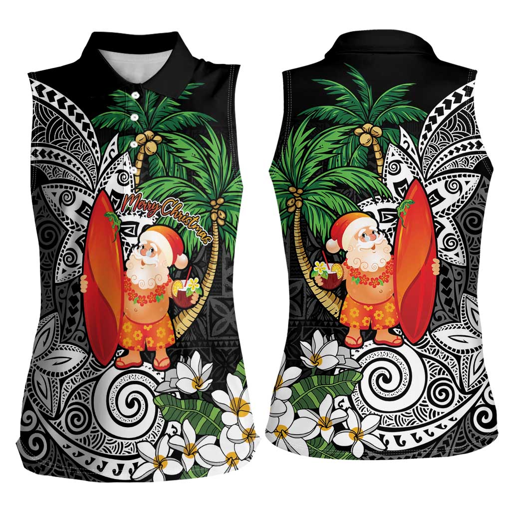 Polynesian Women Sleeveless Polo Shirt Tropical Santa - Plumeria Black Vintage LT7 - Polynesian Pride