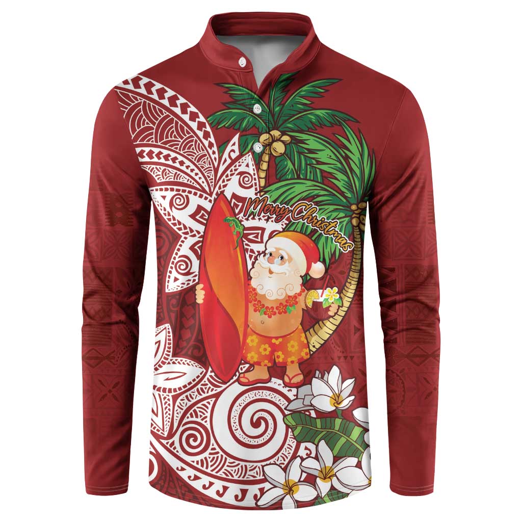 Polynesian Button Sweatshirt Tropical Santa - Plumeria Red Vintage