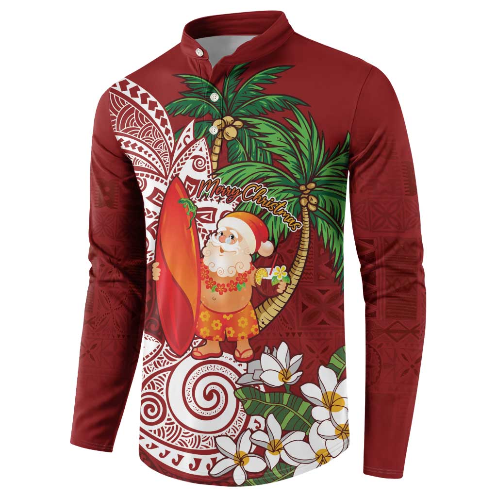 Polynesian Button Sweatshirt Tropical Santa - Plumeria Red Vintage