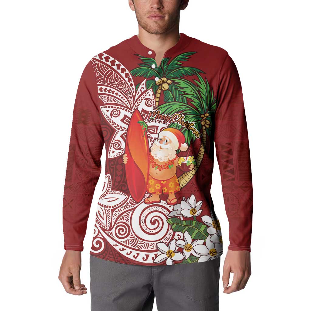 Polynesian Button Sweatshirt Tropical Santa - Plumeria Red Vintage