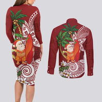 Polynesian Couples Matching Long Sleeve Bodycon Dress and Long Sleeve Button Shirt Tropical Santa - Plumeria Red Vintage