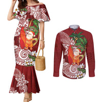 Polynesian Couples Matching Mermaid Dress and Long Sleeve Button Shirt Tropical Santa - Plumeria Red Vintage