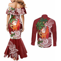 Polynesian Couples Matching Mermaid Dress and Long Sleeve Button Shirt Tropical Santa - Plumeria Red Vintage