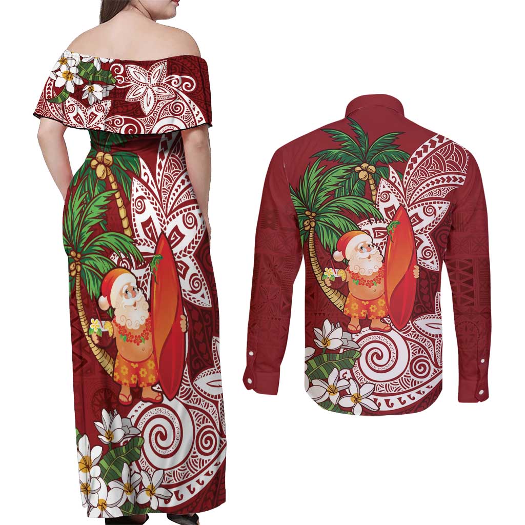 Polynesian Couples Matching Off Shoulder Maxi Dress and Long Sleeve Button Shirt Tropical Santa - Plumeria Red Vintage