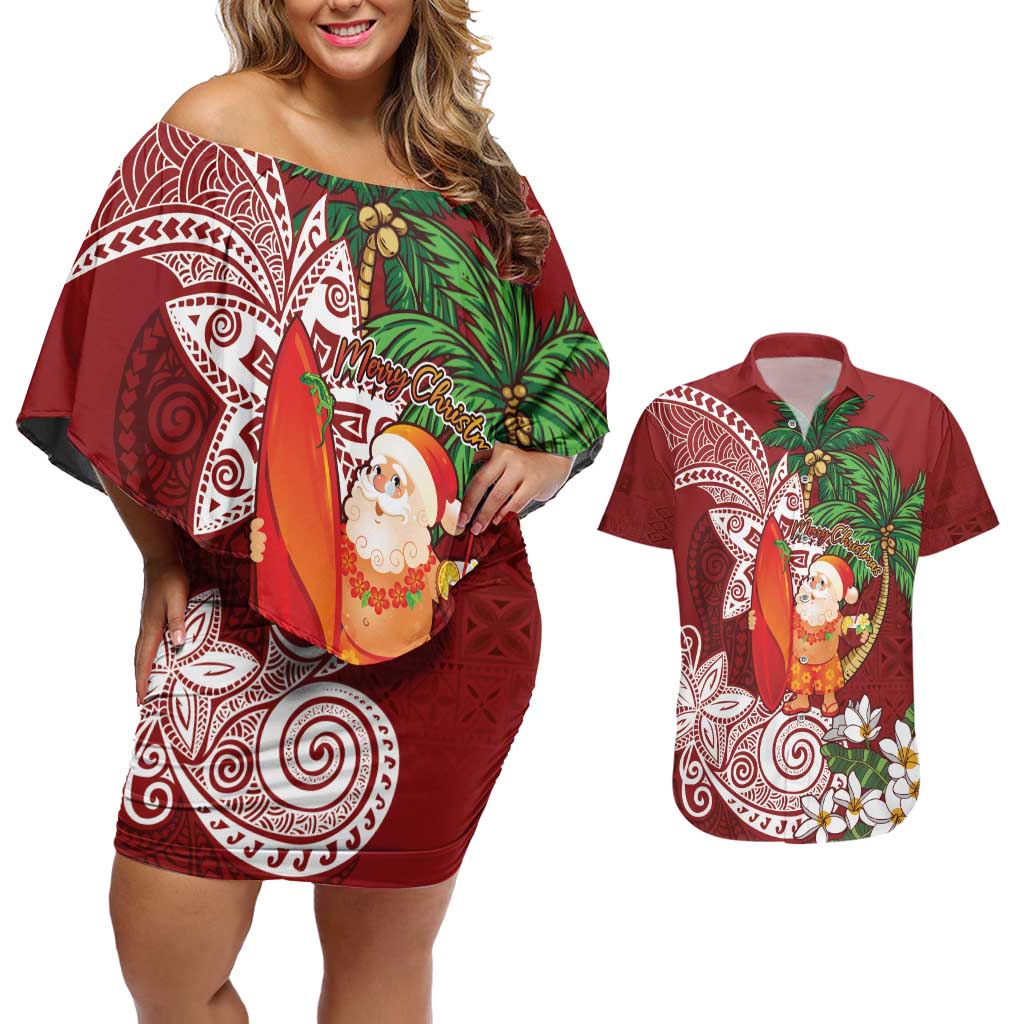 Polynesian Couples Matching Off Shoulder Short Dress and Hawaiian Shirt Tropical Santa - Plumeria Red Vintage