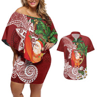 Polynesian Couples Matching Off Shoulder Short Dress and Hawaiian Shirt Tropical Santa - Plumeria Red Vintage