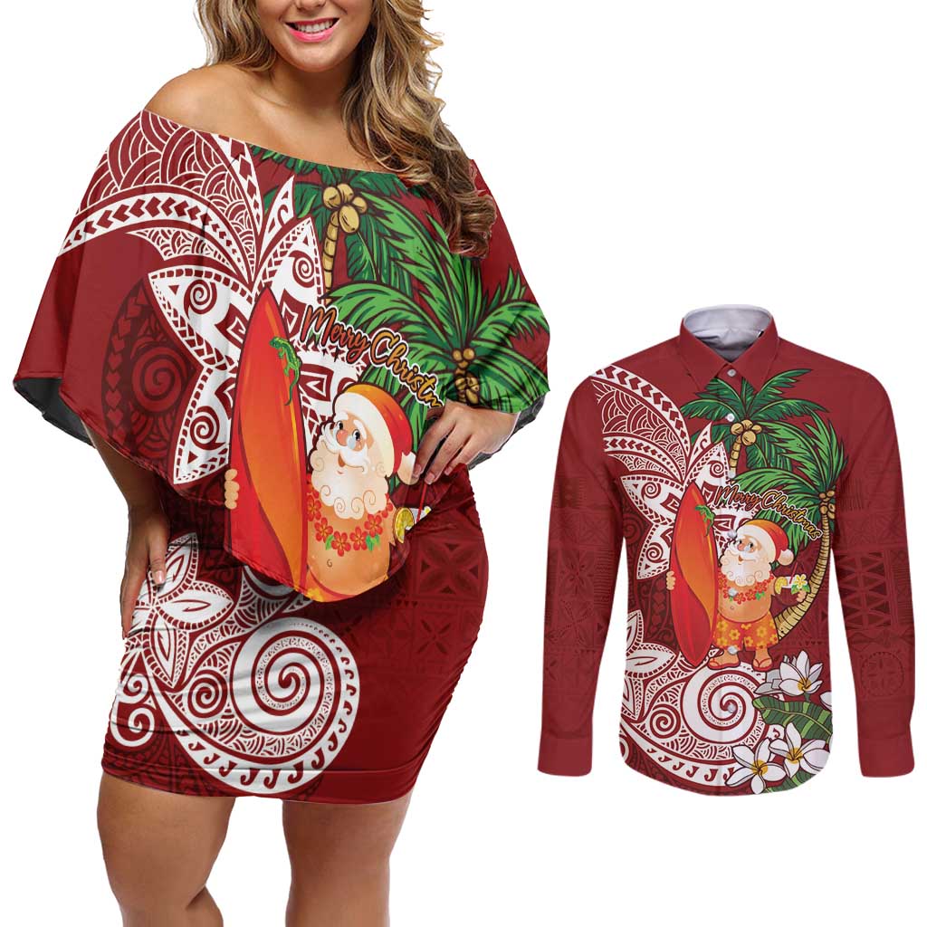 Polynesian Couples Matching Off Shoulder Short Dress and Long Sleeve Button Shirt Tropical Santa - Plumeria Red Vintage