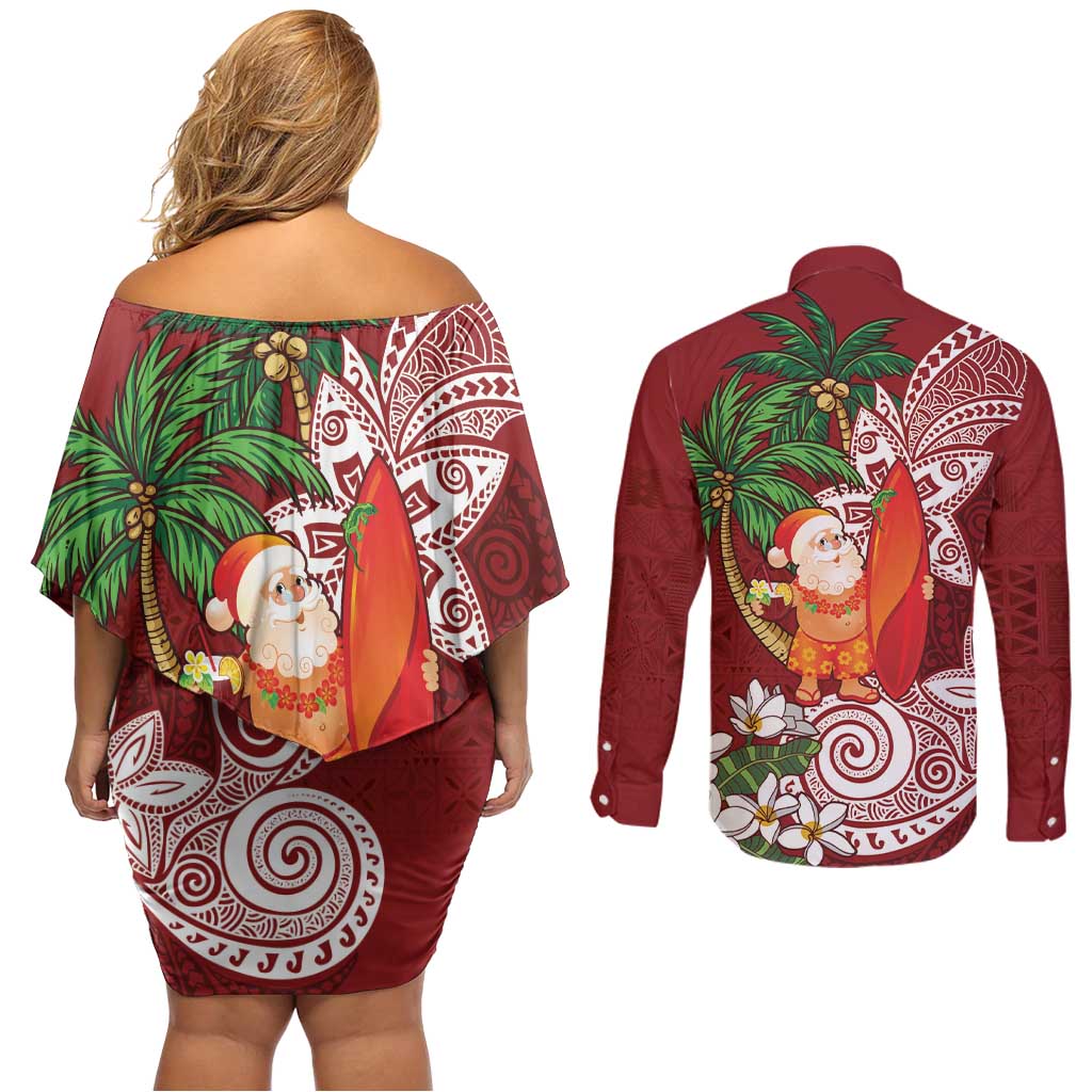 Polynesian Couples Matching Off Shoulder Short Dress and Long Sleeve Button Shirt Tropical Santa - Plumeria Red Vintage