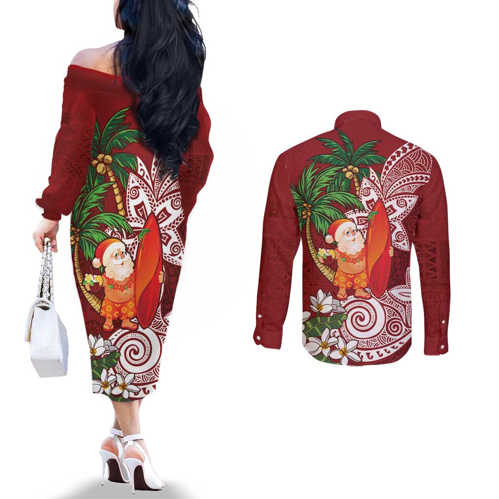 Polynesian Couples Matching Off The Shoulder Long Sleeve Dress and Long Sleeve Button Shirt Tropical Santa - Plumeria Red Vintage