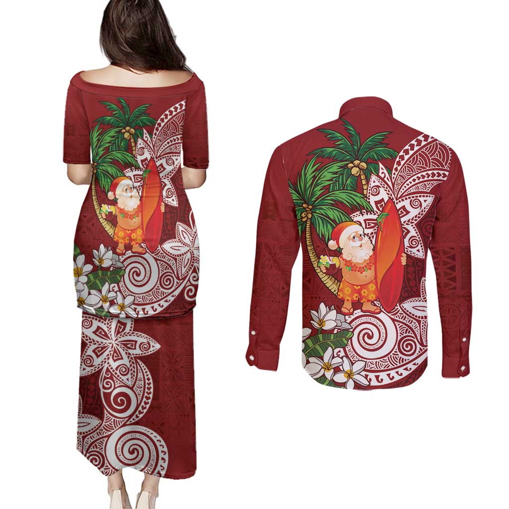 Polynesian Couples Matching Puletasi and Long Sleeve Button Shirt Tropical Santa - Plumeria Red Vintage