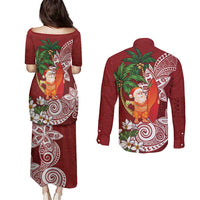 Polynesian Couples Matching Puletasi and Long Sleeve Button Shirt Tropical Santa - Plumeria Red Vintage