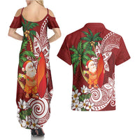 Polynesian Couples Matching Summer Maxi Dress and Hawaiian Shirt Tropical Santa - Plumeria Red Vintage