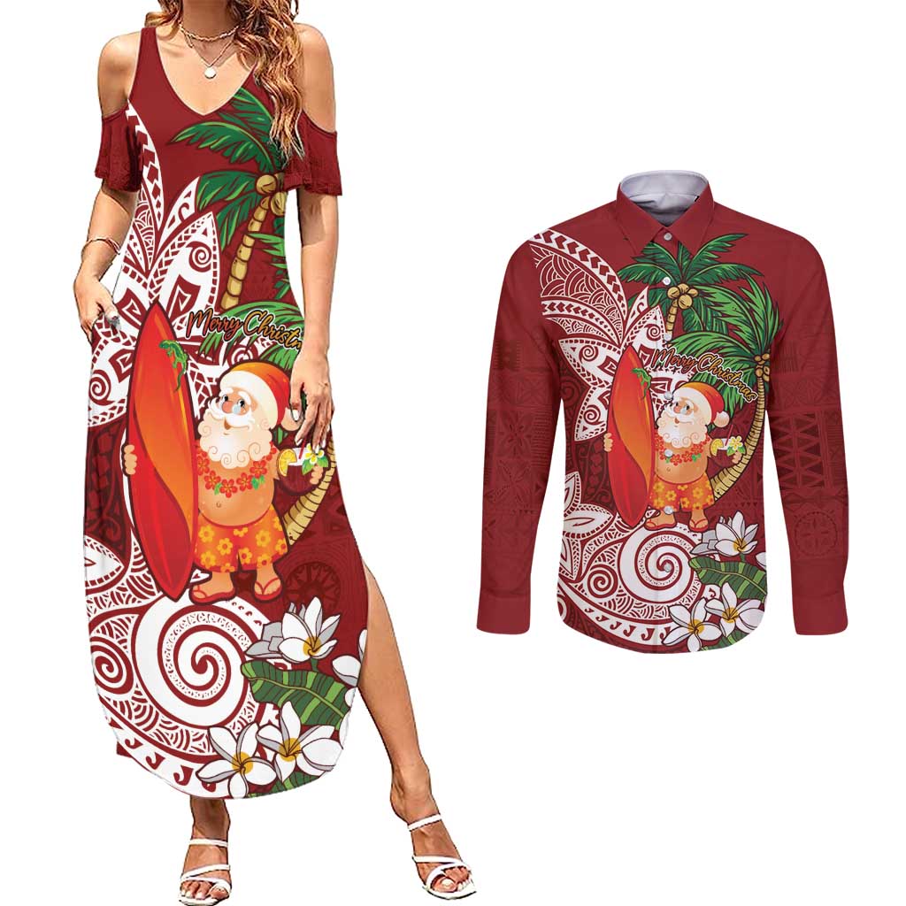 Polynesian Couples Matching Summer Maxi Dress and Long Sleeve Button Shirt Tropical Santa - Plumeria Red Vintage