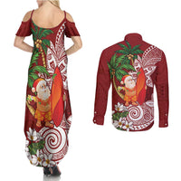 Polynesian Couples Matching Summer Maxi Dress and Long Sleeve Button Shirt Tropical Santa - Plumeria Red Vintage
