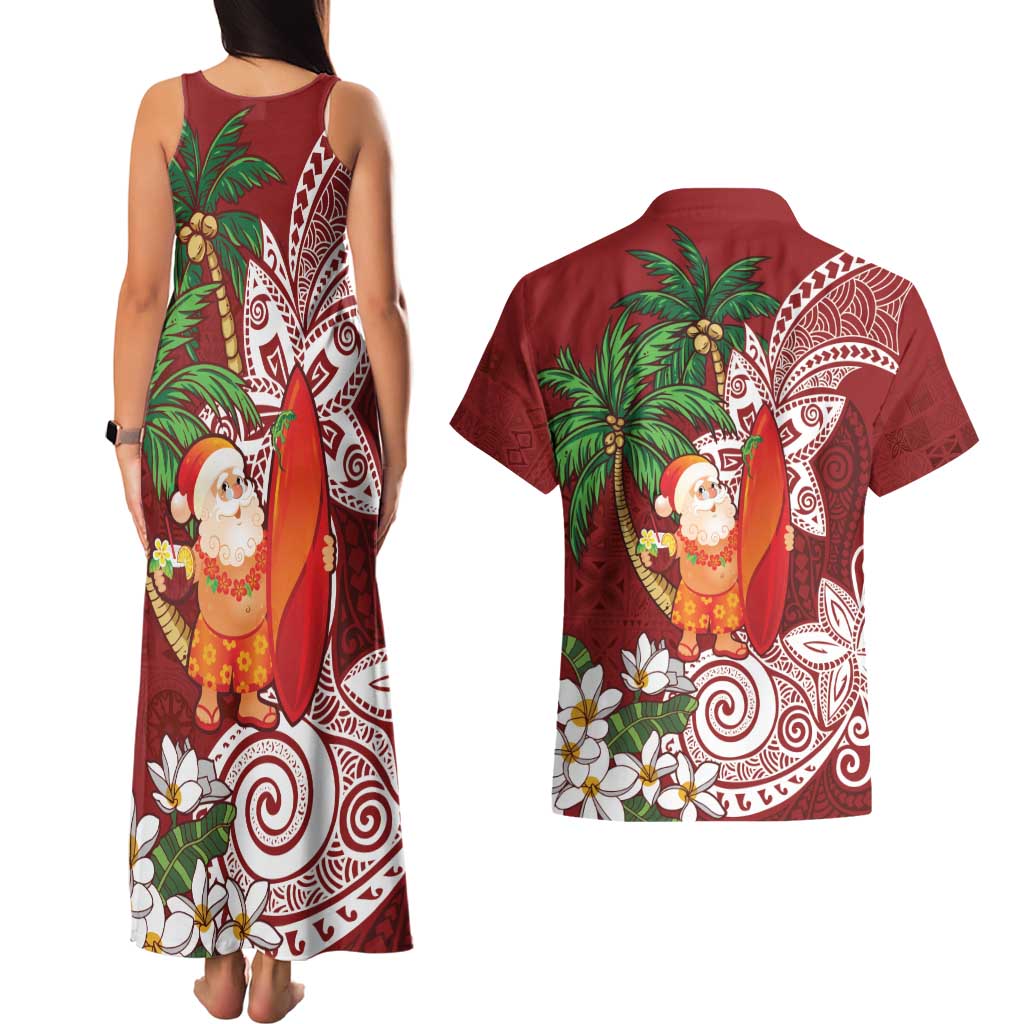 Polynesian Couples Matching Tank Maxi Dress and Hawaiian Shirt Tropical Santa - Plumeria Red Vintage