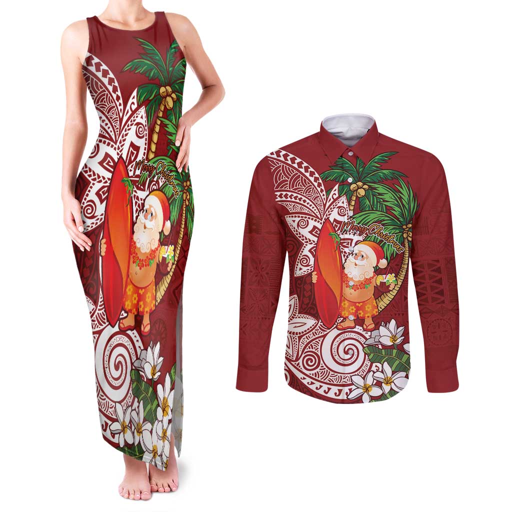 Polynesian Couples Matching Tank Maxi Dress and Long Sleeve Button Shirt Tropical Santa - Plumeria Red Vintage
