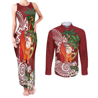 Polynesian Couples Matching Tank Maxi Dress and Long Sleeve Button Shirt Tropical Santa - Plumeria Red Vintage