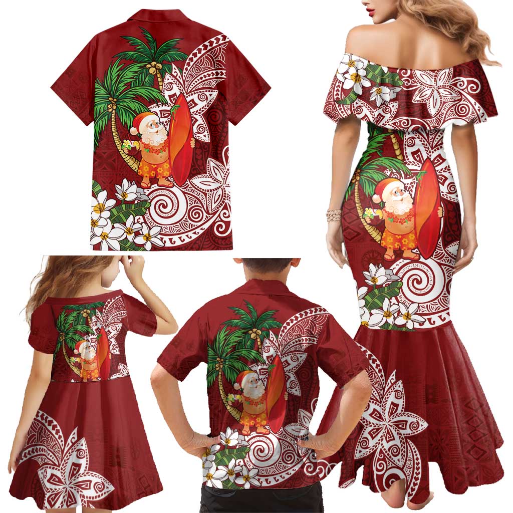 Polynesian Family Matching Mermaid Dress and Hawaiian Shirt Tropical Santa - Plumeria Red Vintage