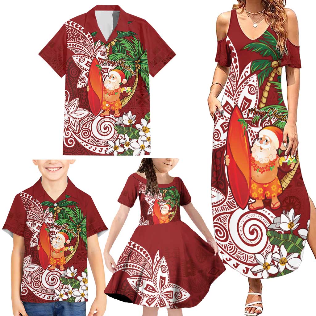 Polynesian Family Matching Summer Maxi Dress and Hawaiian Shirt Tropical Santa - Plumeria Red Vintage