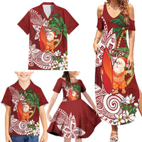 Polynesian Family Matching Summer Maxi Dress and Hawaiian Shirt Tropical Santa - Plumeria Red Vintage
