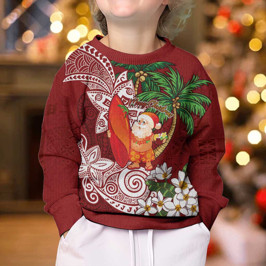 Polynesian Kid Ugly Christmas Sweater Tropical Santa - Plumeria Red Vintage