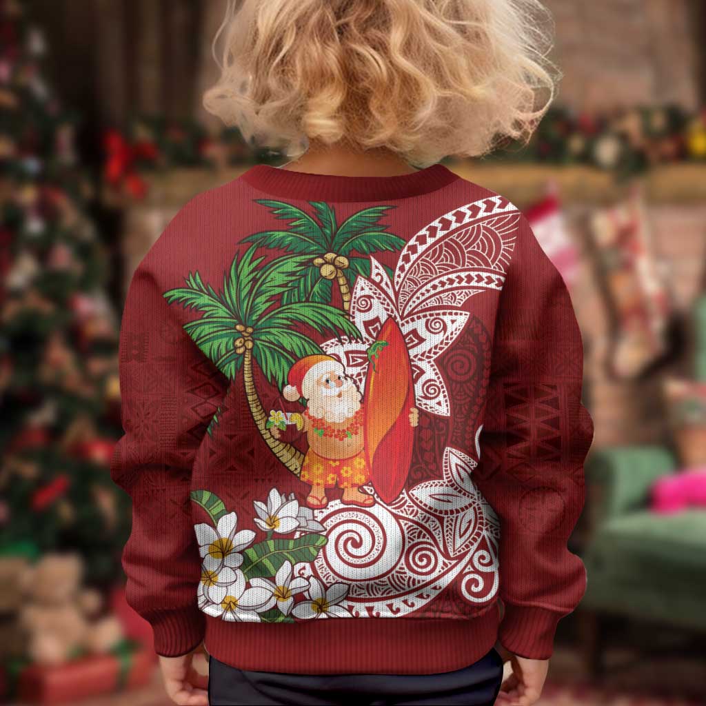 Polynesian Kid Ugly Christmas Sweater Tropical Santa - Plumeria Red Vintage