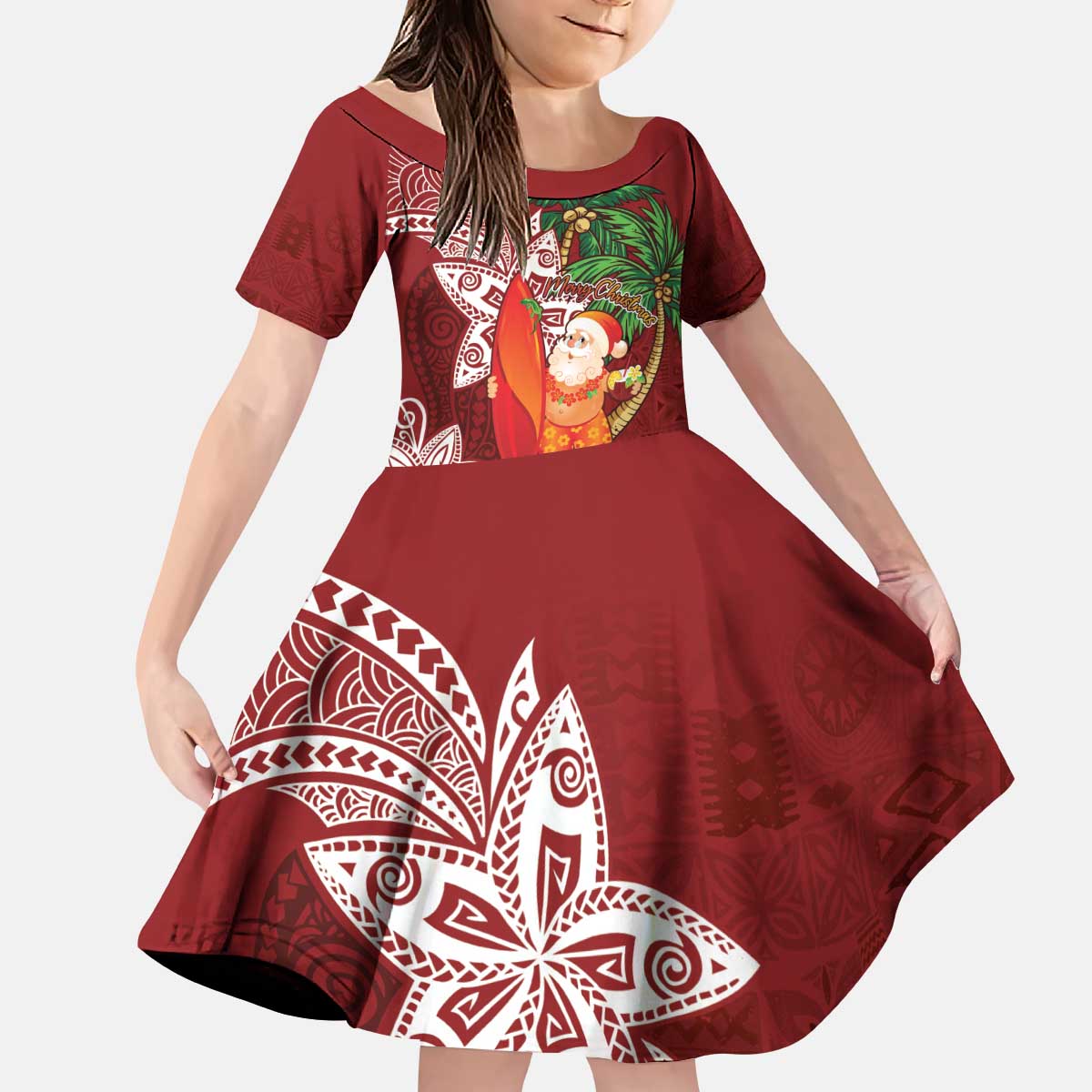 Polynesian Kid Short Sleeve Dress Tropical Santa - Plumeria Red Vintage LT7 KID Red - Polynesian Pride