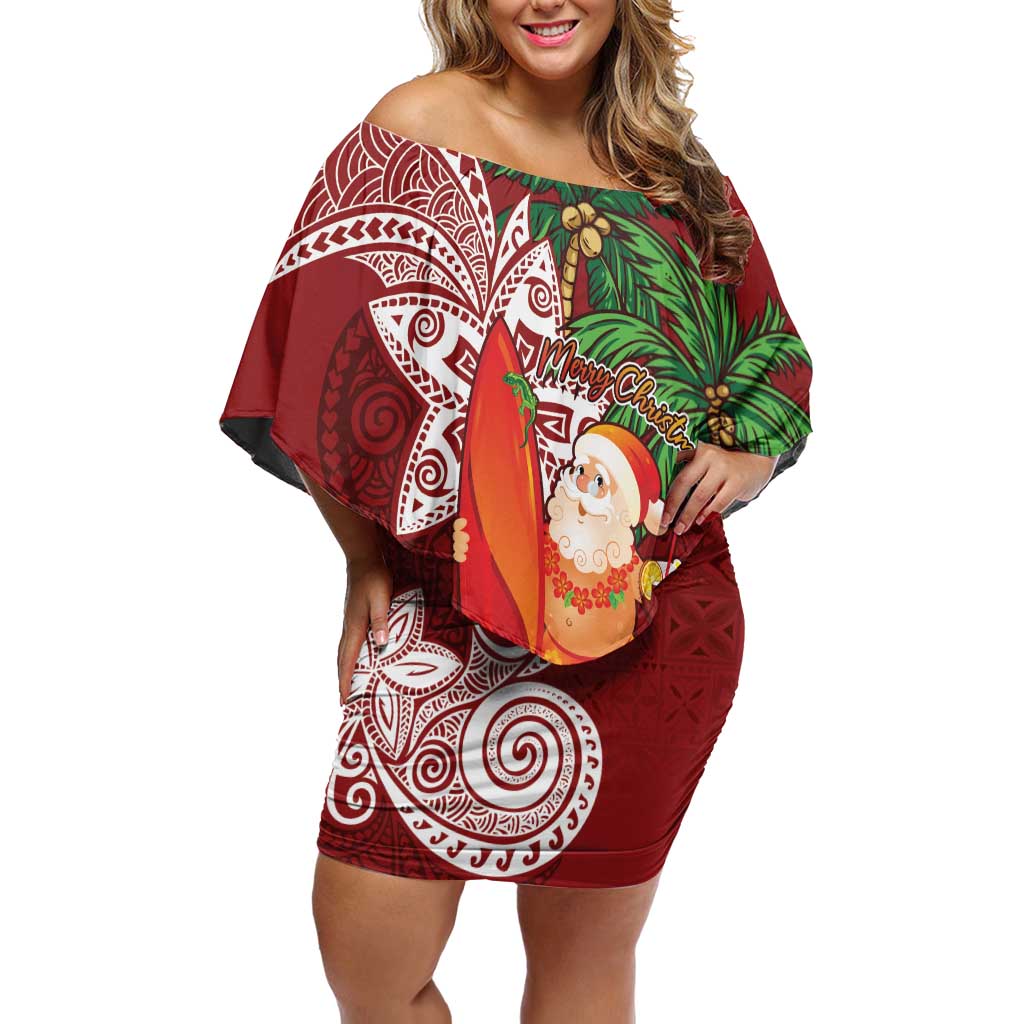 Polynesian Off Shoulder Short Dress Tropical Santa - Plumeria Red Vintage