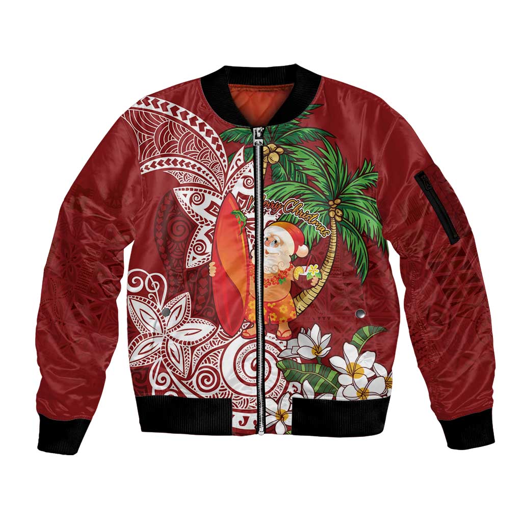 Polynesian Sleeve Zip Bomber Jacket Tropical Santa - Plumeria Red Vintage LT7 Unisex Red - Polynesian Pride