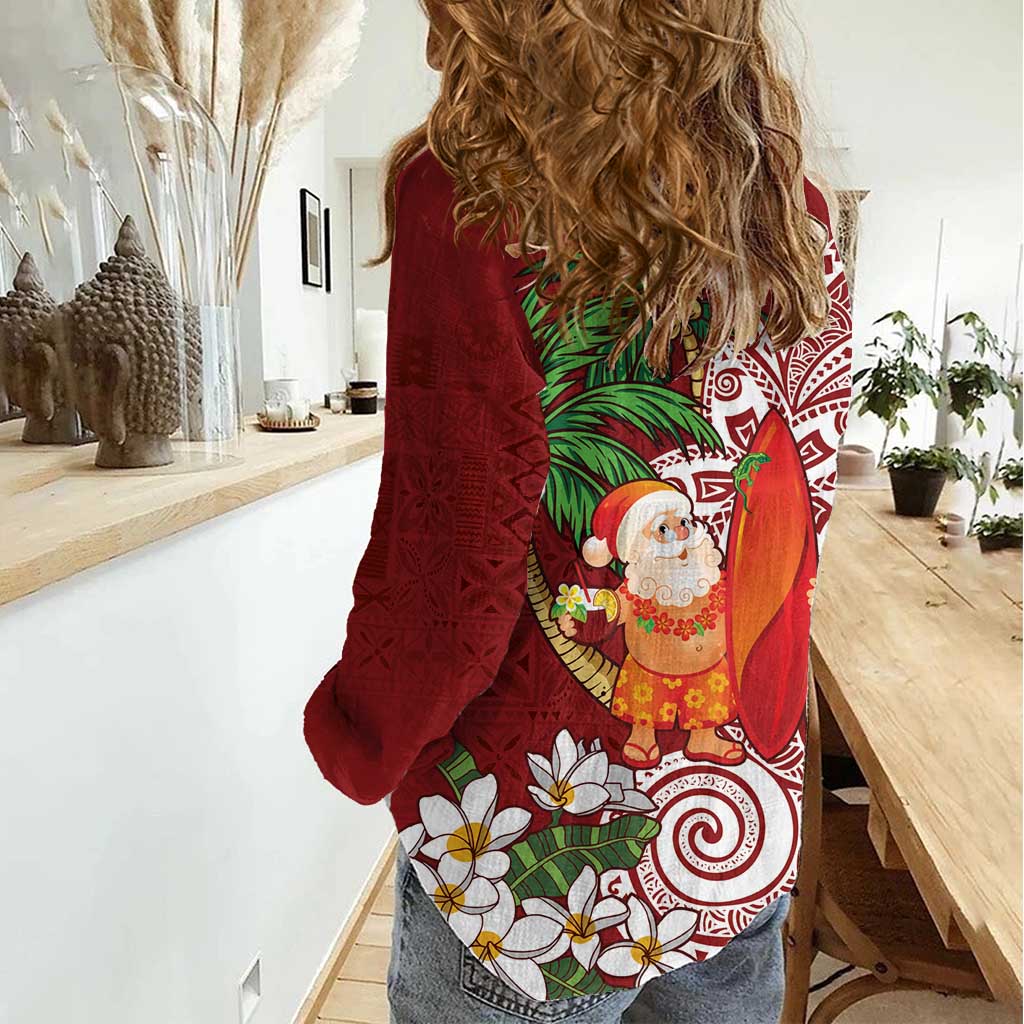 Polynesian Women Casual Shirt Tropical Santa - Plumeria Red Vintage LT7 - Polynesian Pride