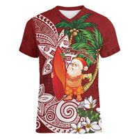 Polynesian Women V-Neck T-Shirt Tropical Santa - Plumeria Red Vintage LT7 Female Red - Polynesian Pride