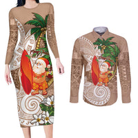 Polynesian Couples Matching Long Sleeve Bodycon Dress and Long Sleeve Button Shirt Tropical Santa - Plumeria Beige Vintage