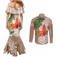 Polynesian Couples Matching Mermaid Dress and Long Sleeve Button Shirt Tropical Santa - Plumeria Beige Vintage