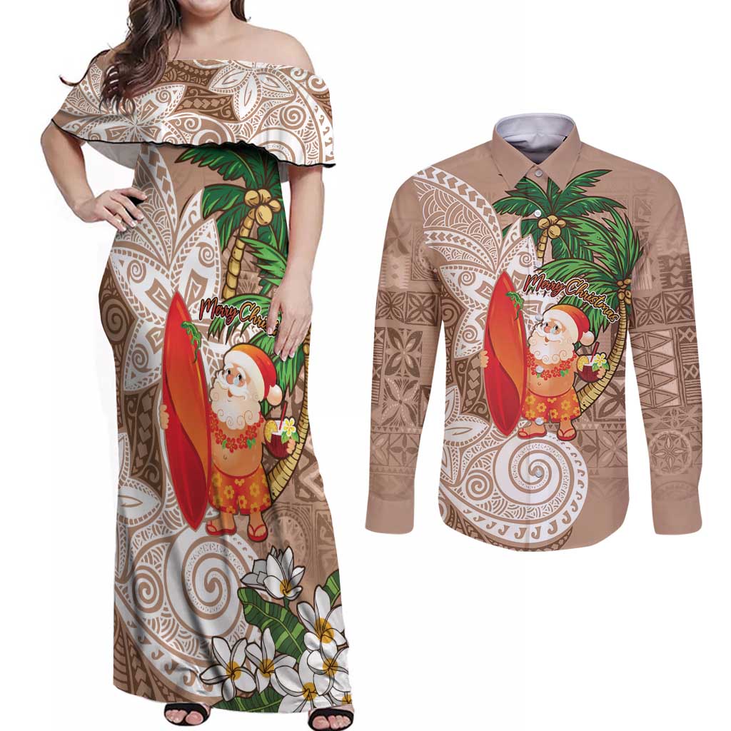 Polynesian Couples Matching Off Shoulder Maxi Dress and Long Sleeve Button Shirt Tropical Santa - Plumeria Beige Vintage