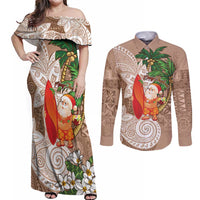 Polynesian Couples Matching Off Shoulder Maxi Dress and Long Sleeve Button Shirt Tropical Santa - Plumeria Beige Vintage