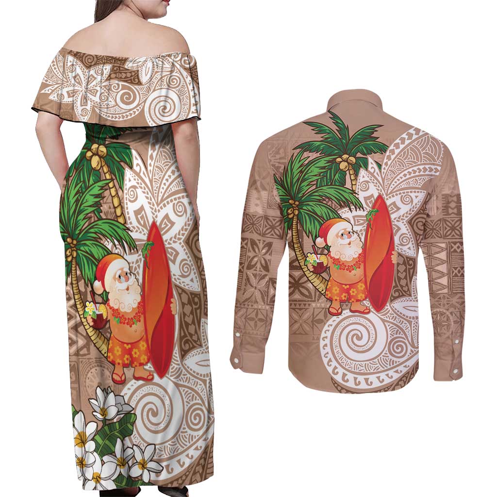 Polynesian Couples Matching Off Shoulder Maxi Dress and Long Sleeve Button Shirt Tropical Santa - Plumeria Beige Vintage