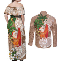 Polynesian Couples Matching Off Shoulder Maxi Dress and Long Sleeve Button Shirt Tropical Santa - Plumeria Beige Vintage