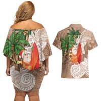 Polynesian Couples Matching Off Shoulder Short Dress and Hawaiian Shirt Tropical Santa - Plumeria Beige Vintage