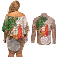 Polynesian Couples Matching Off Shoulder Short Dress and Long Sleeve Button Shirt Tropical Santa - Plumeria Beige Vintage