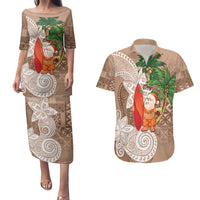 Polynesian Couples Matching Puletasi and Hawaiian Shirt Tropical Santa - Plumeria Beige Vintage