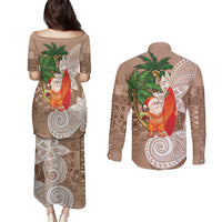 Polynesian Couples Matching Puletasi and Long Sleeve Button Shirt Tropical Santa - Plumeria Beige Vintage