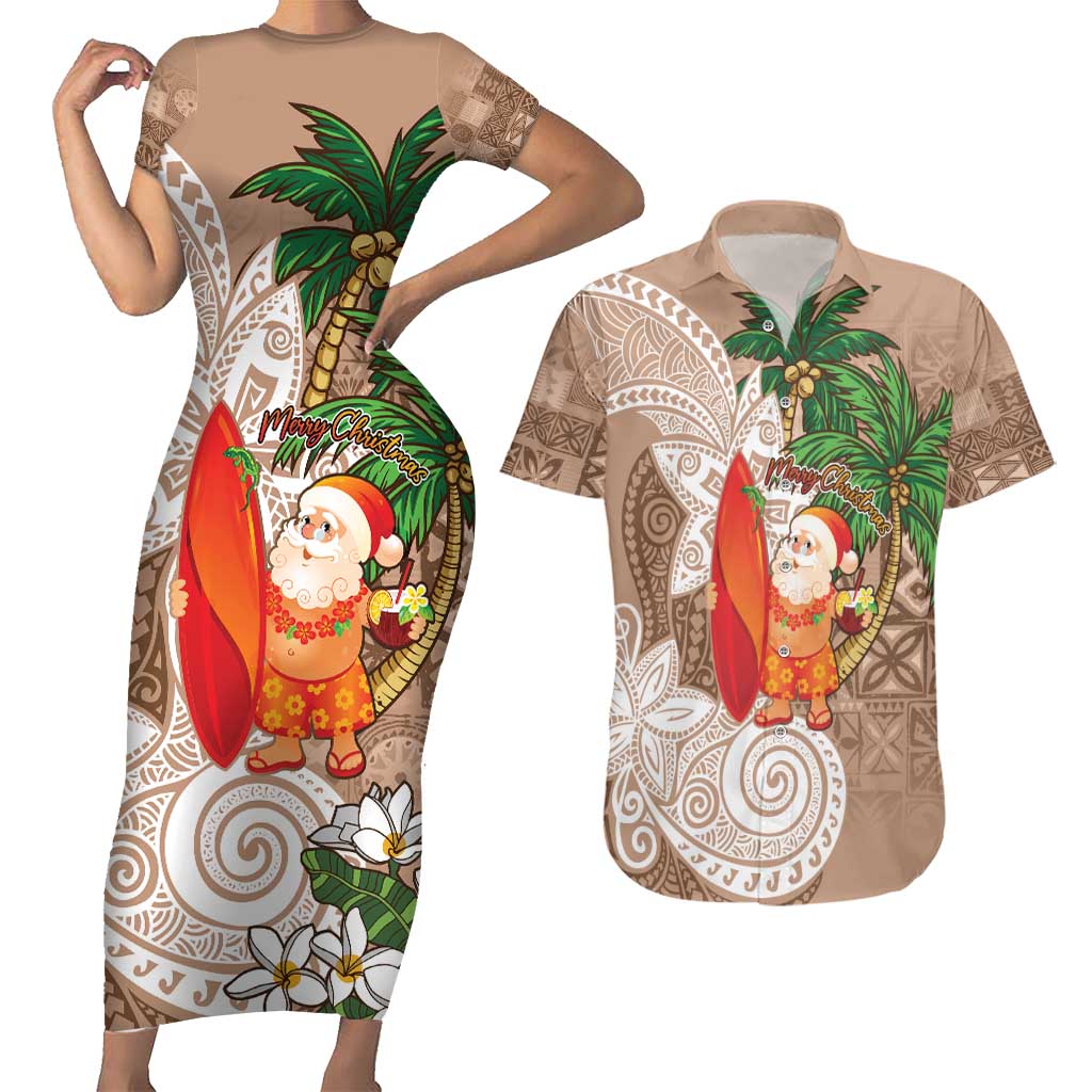 Polynesian Couples Matching Short Sleeve Bodycon Dress and Hawaiian Shirt Tropical Santa - Plumeria Beige Vintage