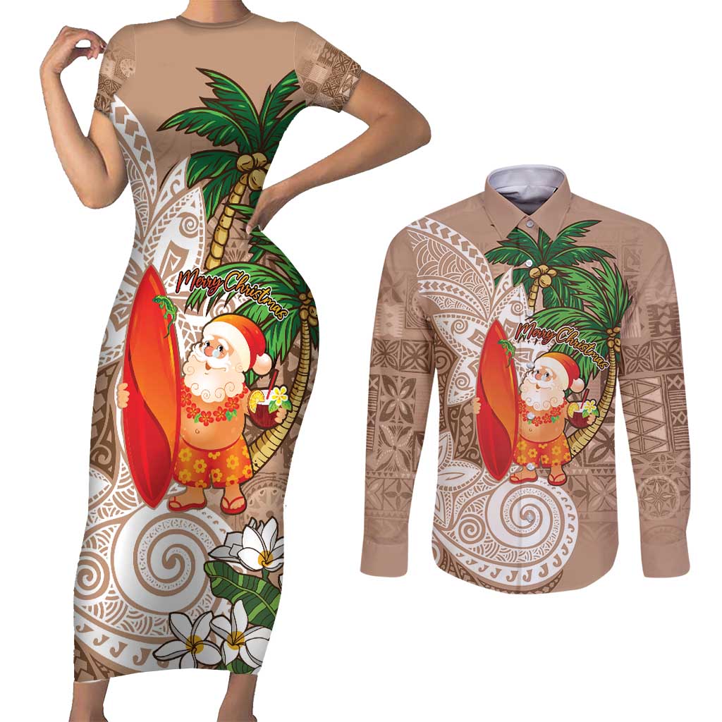 Polynesian Couples Matching Short Sleeve Bodycon Dress and Long Sleeve Button Shirt Tropical Santa - Plumeria Beige Vintage