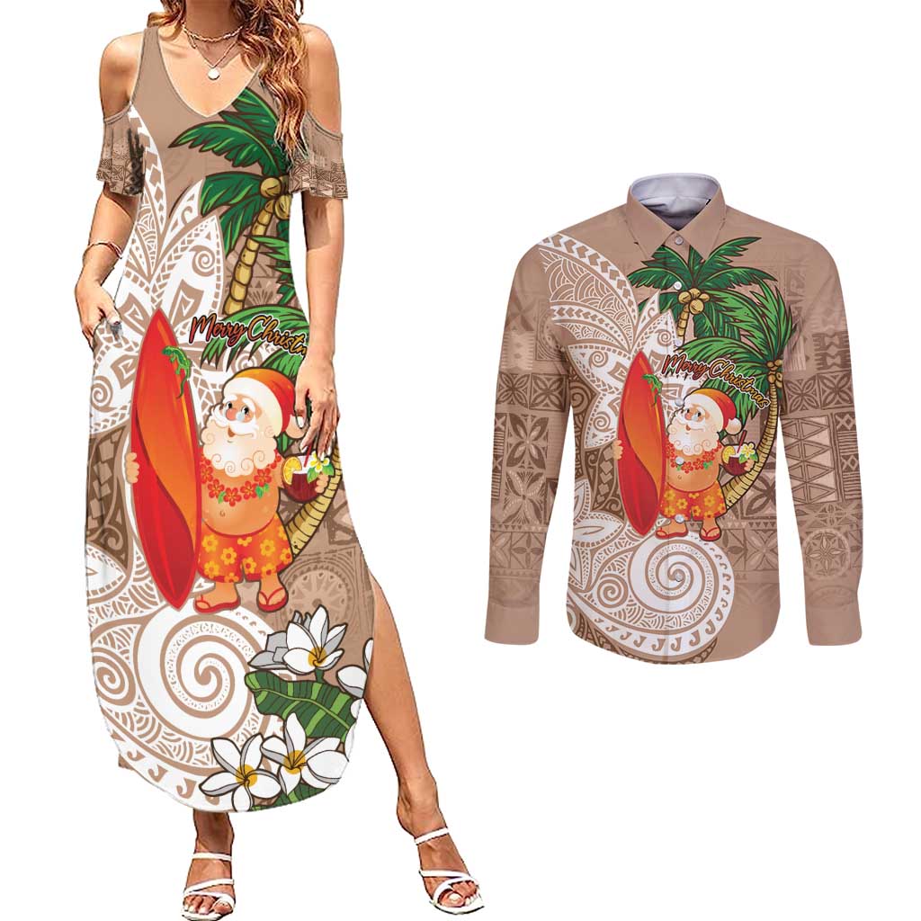 Polynesian Couples Matching Summer Maxi Dress and Long Sleeve Button Shirt Tropical Santa - Plumeria Beige Vintage