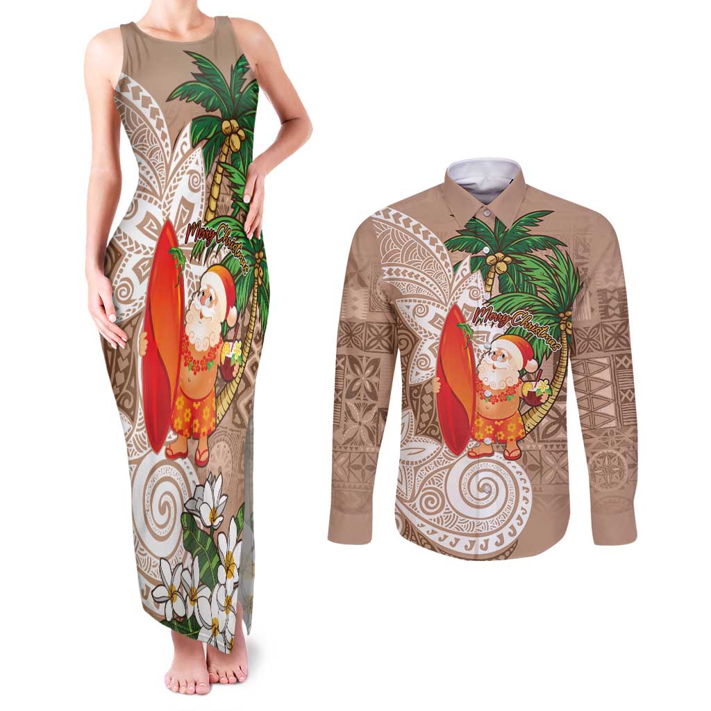 Polynesian Couples Matching Tank Maxi Dress and Long Sleeve Button Shirt Tropical Santa - Plumeria Beige Vintage