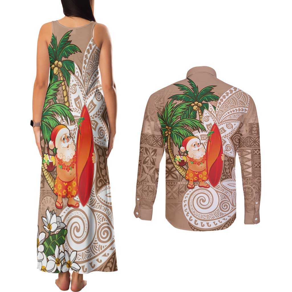 Polynesian Couples Matching Tank Maxi Dress and Long Sleeve Button Shirt Tropical Santa - Plumeria Beige Vintage