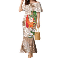 Polynesian Family Matching Mermaid Dress and Hawaiian Shirt Tropical Santa - Plumeria Beige Vintage